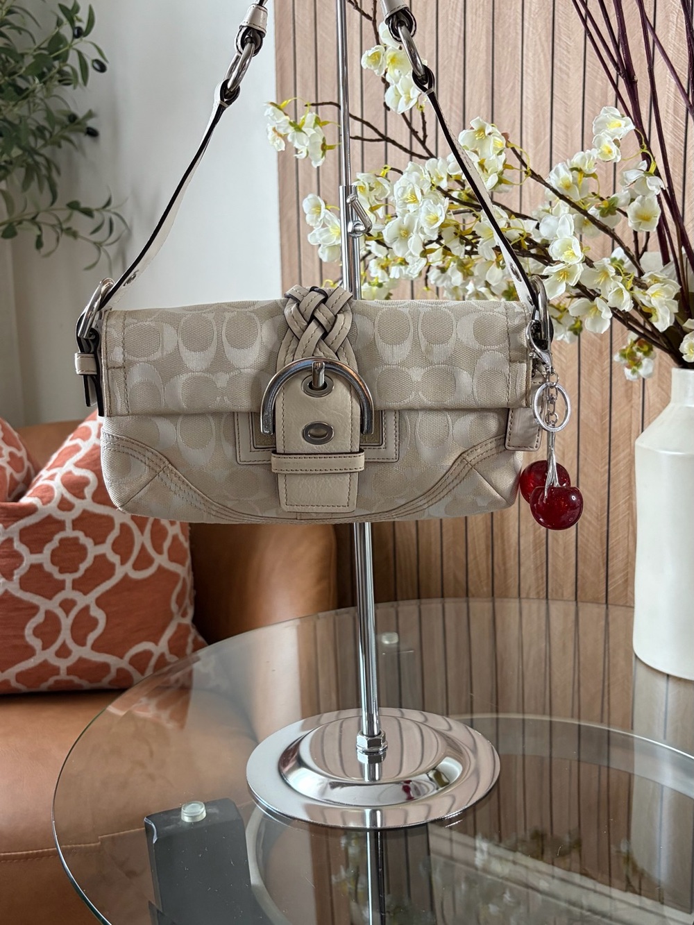 Coach SoHo bag. Beige Signature Canvas Shoulder Bag with Red Cherry Charm